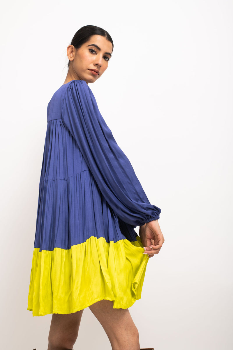 Neora by Nehal Chopra Bemberg Modal Silk Blue-Neon Gather Short Dress