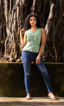 Earthy Route Linen Lyocell Sleeveless Top in Forest Green