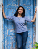 Earthy Route Linen Lyocell Shirt Top in Iris Blue