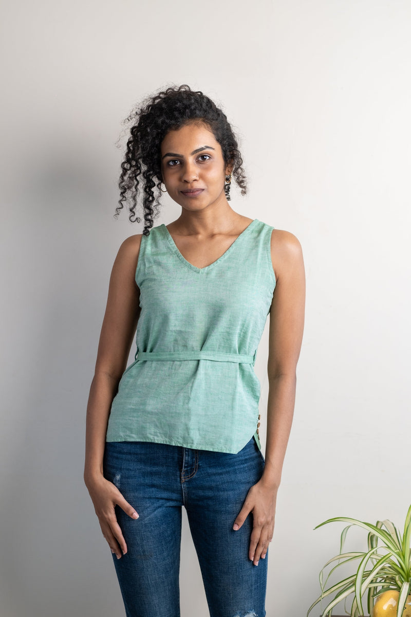 Earthy Route Linen Lyocell Sleeveless Top in Forest Green
