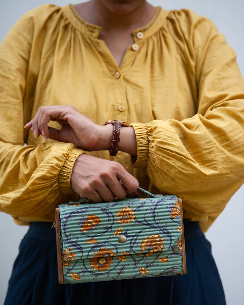 Lukka Chuppi  Box Sling Bag in Upcycled Cotton and Reclaimed Wood - Floral Creeper Green