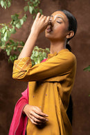 Taraasi Women's Mustard Cotton Silk Thread Hand Embroidery Work Kurta