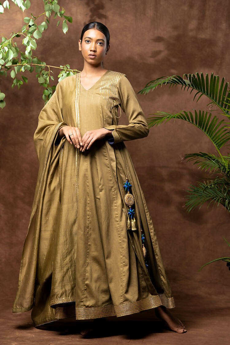 Taraasi Women's Olive Green Handloom Chanderi Silk Sequin Dupatta