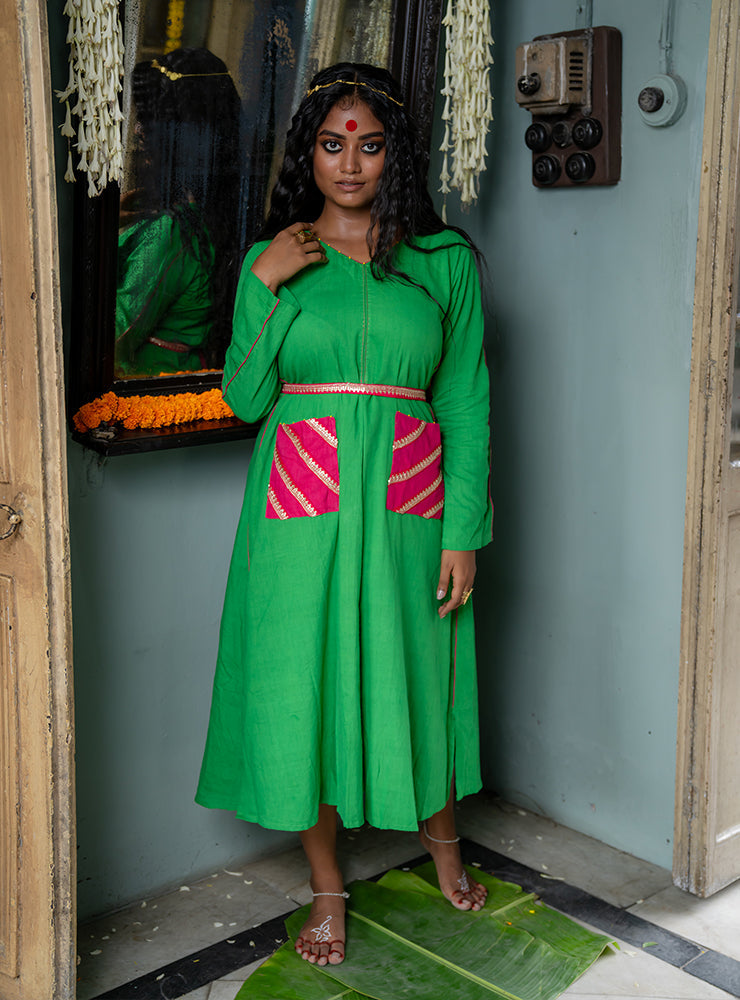 Straight fit Handloom Green Dress  | Prathaa | Handloom & Sustainable Clothing