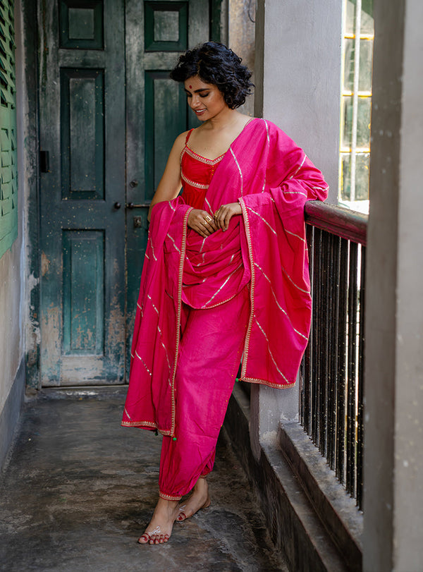 Wine Velvet Gown With Thread Work Dupatta Set - PinkSaree