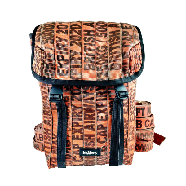 Jaggery Serially Circular Fausto Backpack in Ex-British Cargo Belts & Rescued Car Seat Belts [15" Laptop bag]