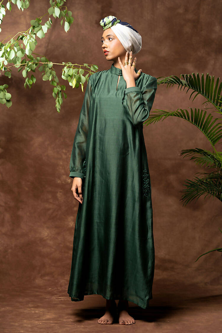 Taraasi Women's Bottle Green Entifit Handloom Chanderi Silk Dress