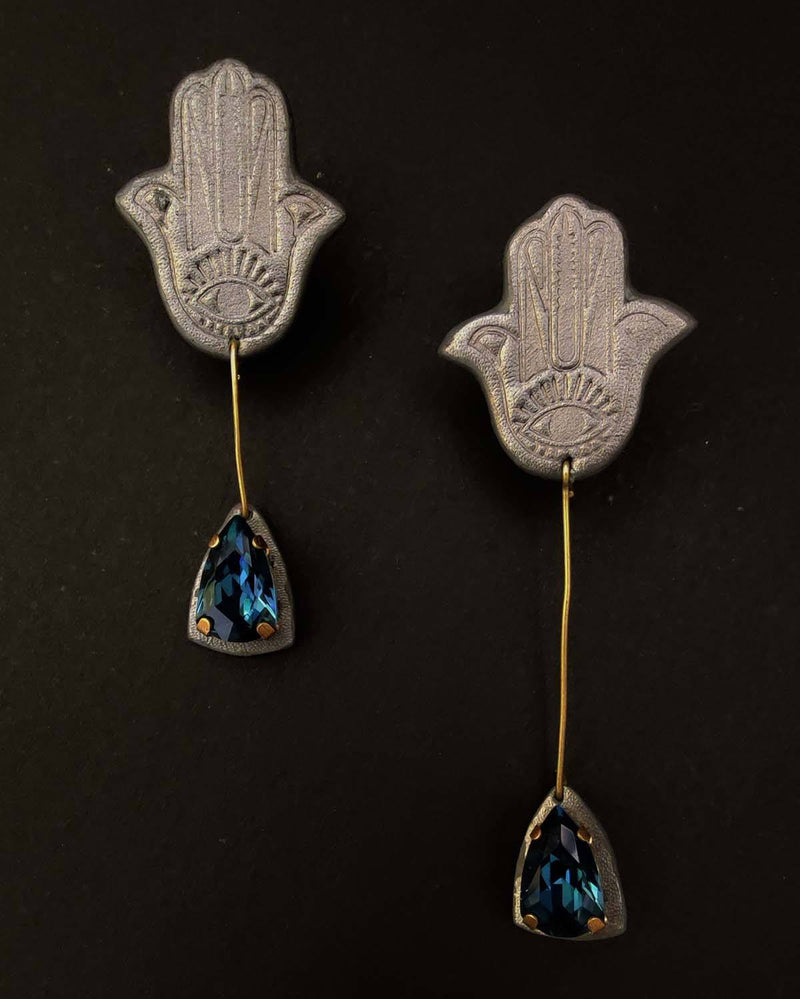 Noupelle  Hamsa Silver Upcycled Leather Hand Danglers