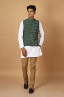Tamaksh Men's Green Cotton Handcrafted Handwoven Ikat Nehru Jacket
