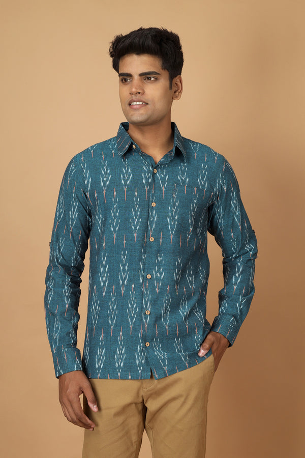 Tamaksh Men's Blue Cotton Handcrafted Handwoven Ikat Shirt