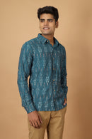 Tamaksh Men's Blue Cotton Handcrafted Handwoven Ikat Shirt