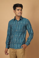 Tamaksh Men's Blue Cotton Handcrafted Handwoven Ikat Shirt