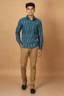 Tamaksh Men's Blue Cotton Handcrafted Handwoven Ikat Shirt