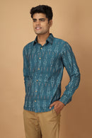 Tamaksh Men's Blue Cotton Handcrafted Handwoven Ikat Shirt