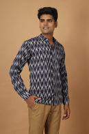 Tamaksh Men's Blue Cotton Handcrafted Handwoven Ikat Shirt