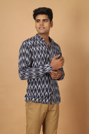 Tamaksh Men's Blue Cotton Handcrafted Handwoven Ikat Shirt