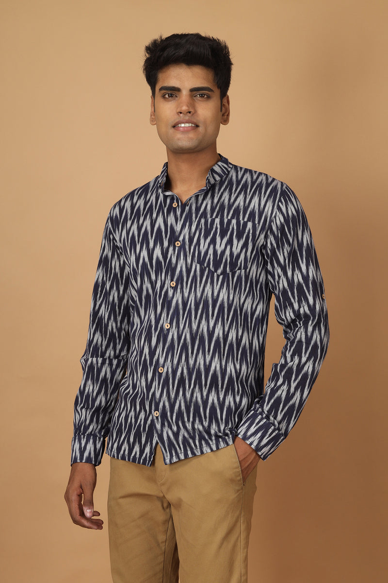 Tamaksh Men's Blue Cotton Handcrafted Handwoven Ikat Shirt