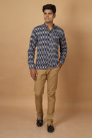 Tamaksh Men's Blue Cotton Handcrafted Handwoven Ikat Shirt