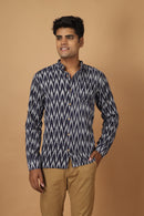 Tamaksh Men's Blue Cotton Handcrafted Handwoven Ikat Shirt