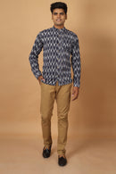 Tamaksh Men's Blue Cotton Handcrafted Handwoven Ikat Shirt