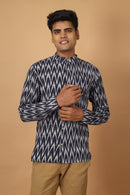 Tamaksh Men's Blue Cotton Handcrafted Handwoven Ikat Shirt
