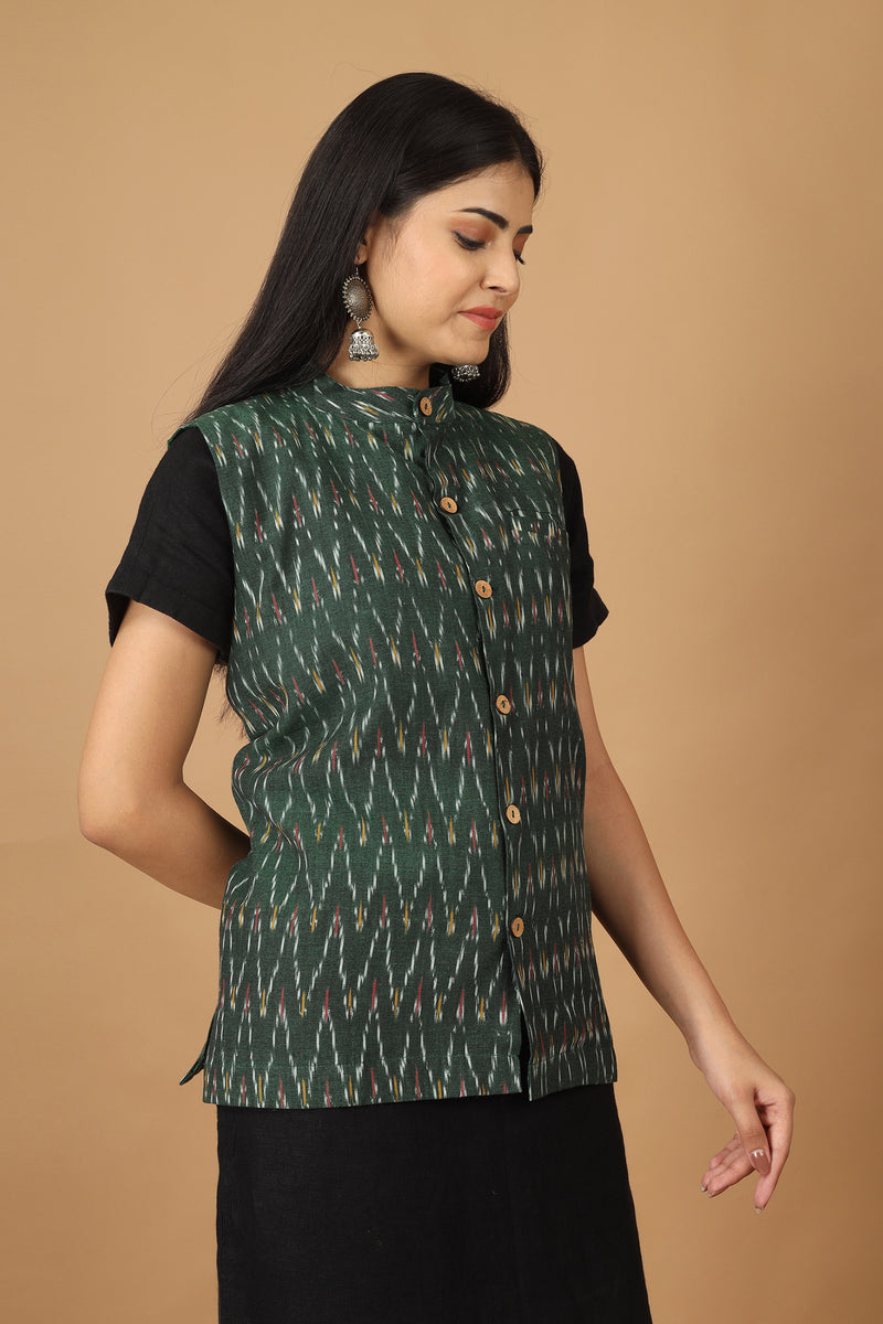 Tamaksh Women's Green Cotton Handcrafted Handwoven Ikat Nehru Jacket