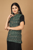 Tamaksh Women's Green Cotton Handcrafted Handwoven Ikat Nehru Jacket