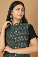 Tamaksh Women's Green Cotton Handcrafted Handwoven Ikat Nehru Jacket