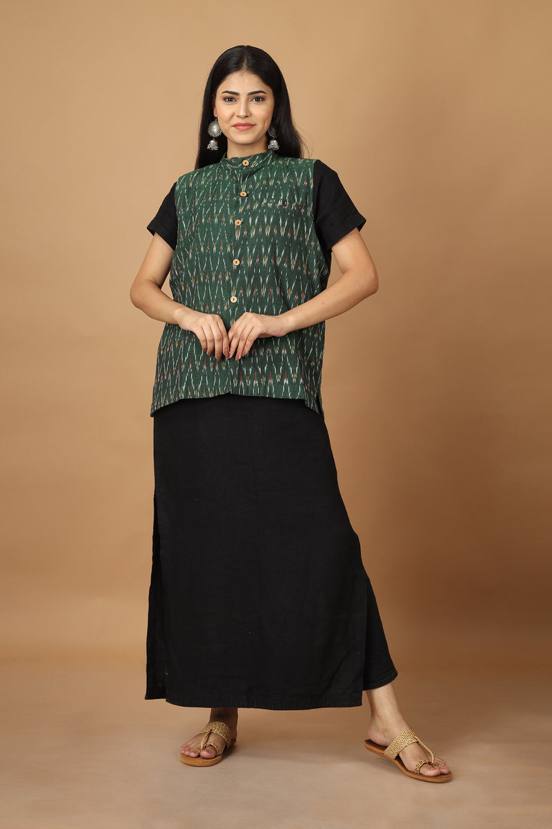 Tamaksh Women's Green Cotton Handcrafted Handwoven Ikat Nehru Jacket