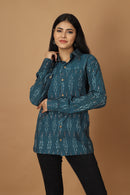 Tamaksh Women's Blue Cotton Handcrafted Handwoven Ikat Shirt