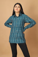 Tamaksh Women's Blue Cotton Handcrafted Handwoven Ikat Shirt