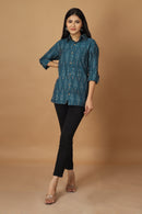 Tamaksh Women's Blue Cotton Handcrafted Handwoven Ikat Shirt
