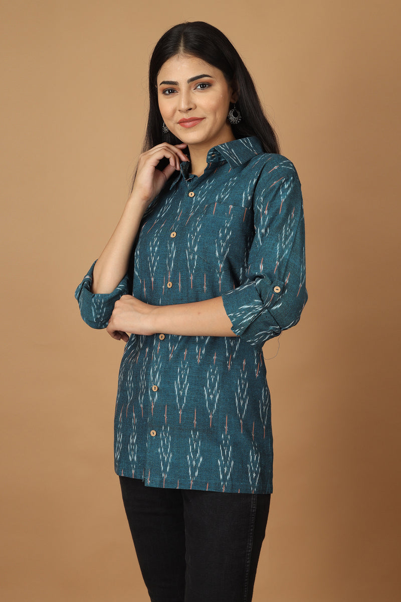 Tamaksh Women's Blue Cotton Handcrafted Handwoven Ikat Shirt