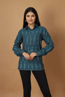 Tamaksh Women's Blue Cotton Handcrafted Handwoven Ikat Shirt