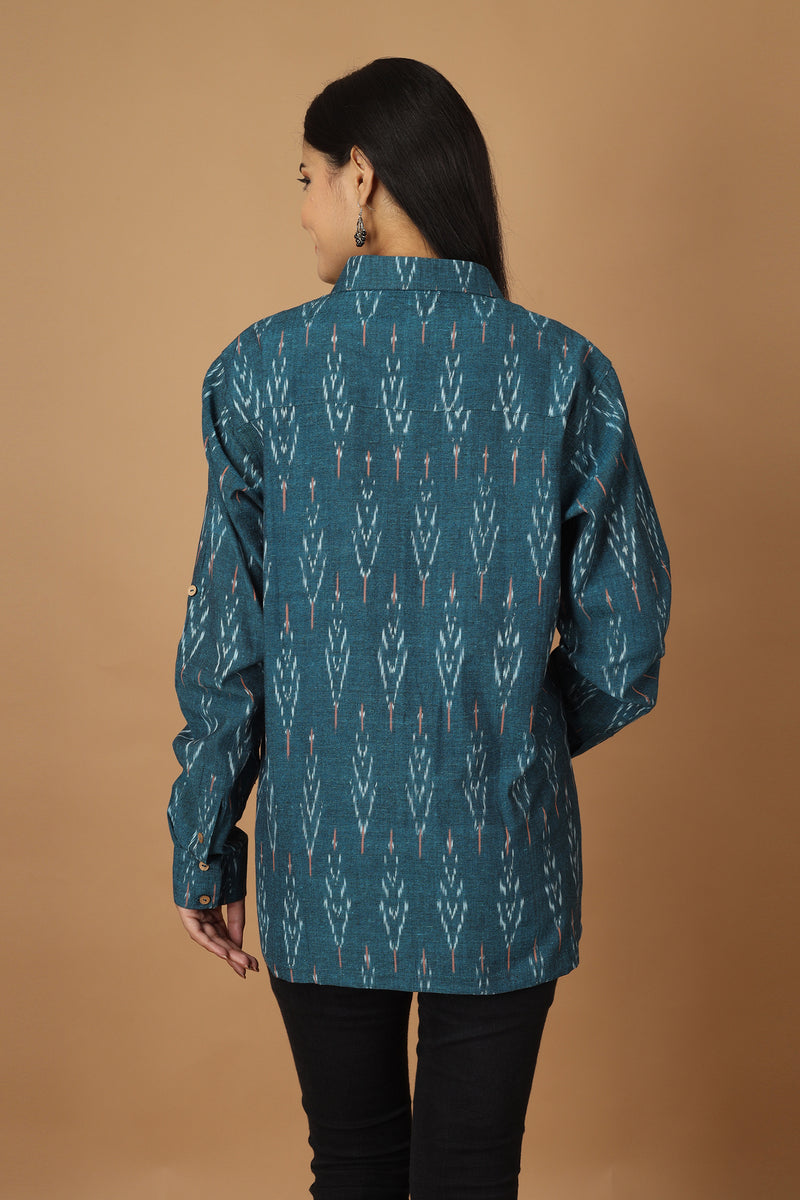 Tamaksh Women's Blue Cotton Handcrafted Handwoven Ikat Shirt