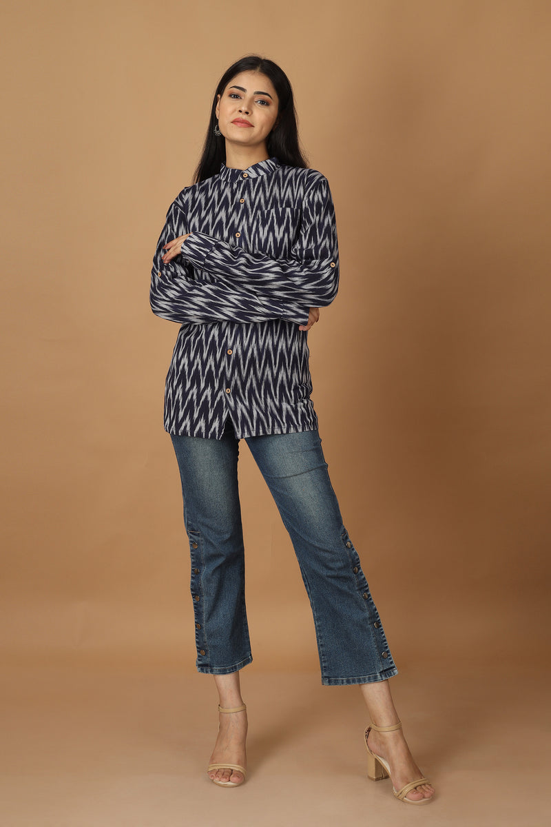 Tamaksh Women's Blue Cotton Handcrafted Handwoven Ikat Shirt