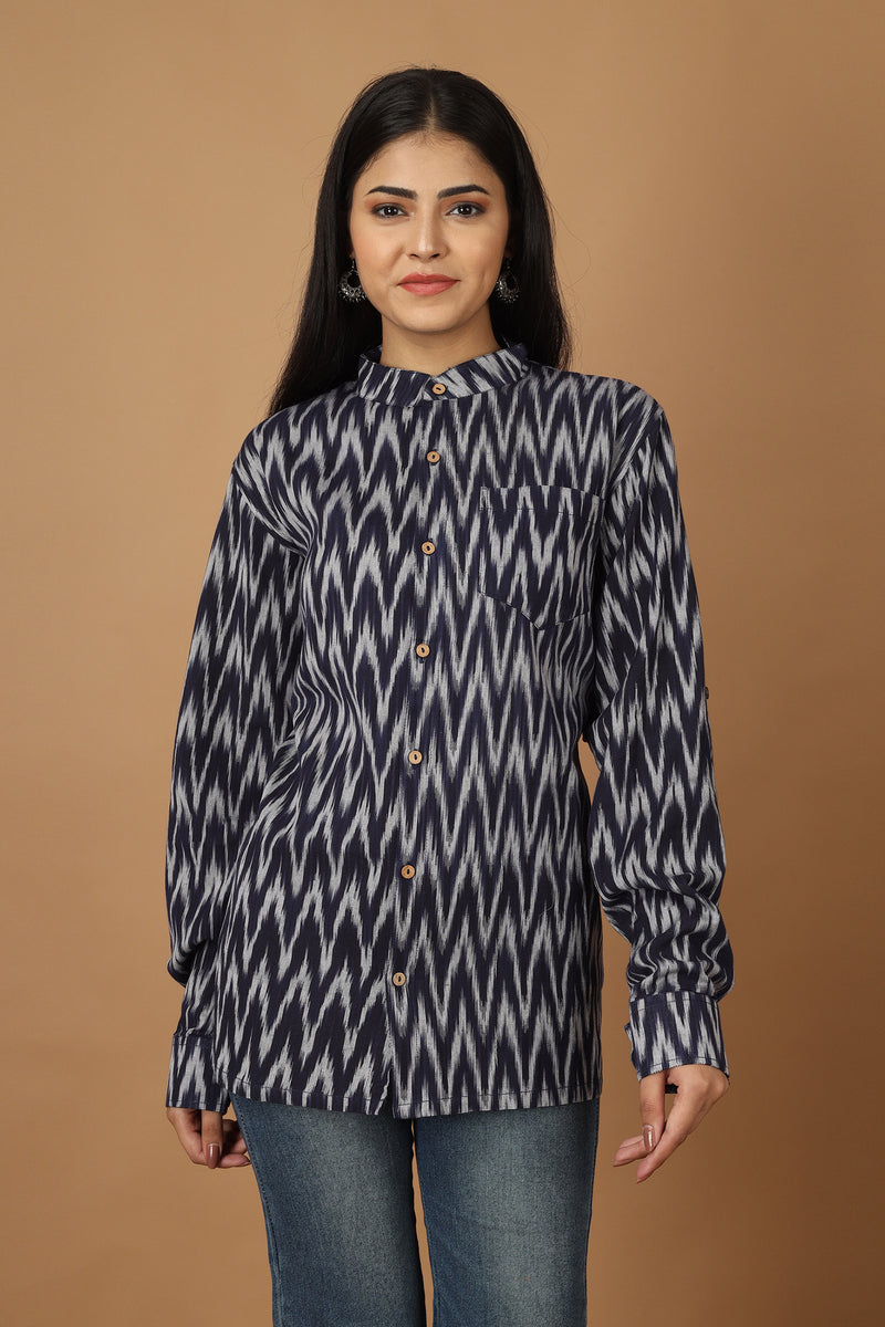 Tamaksh Women's Blue Cotton Handcrafted Handwoven Ikat Shirt