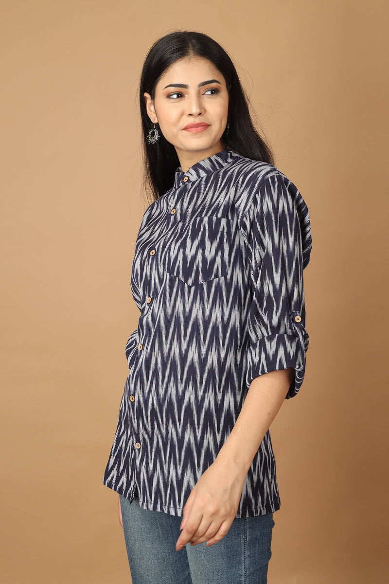 Tamaksh Women's Blue Cotton Handcrafted Handwoven Ikat Shirt