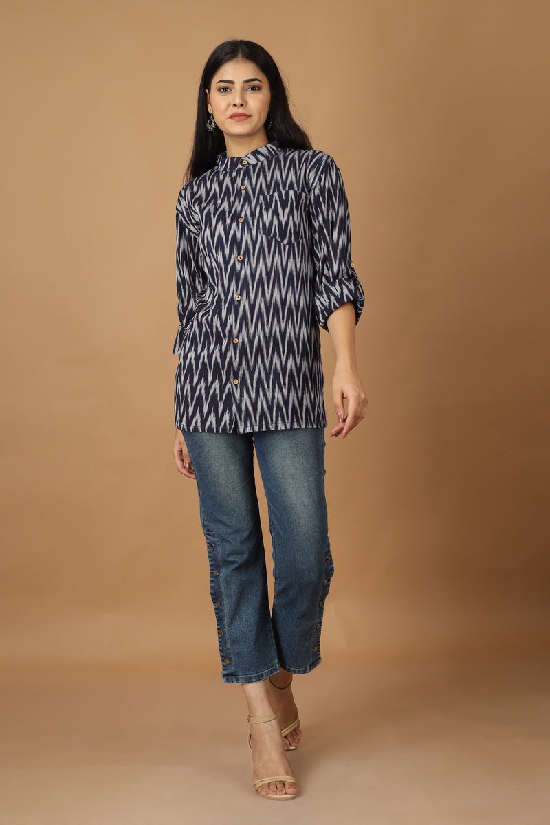 Tamaksh Women's Blue Cotton Handcrafted Handwoven Ikat Shirt