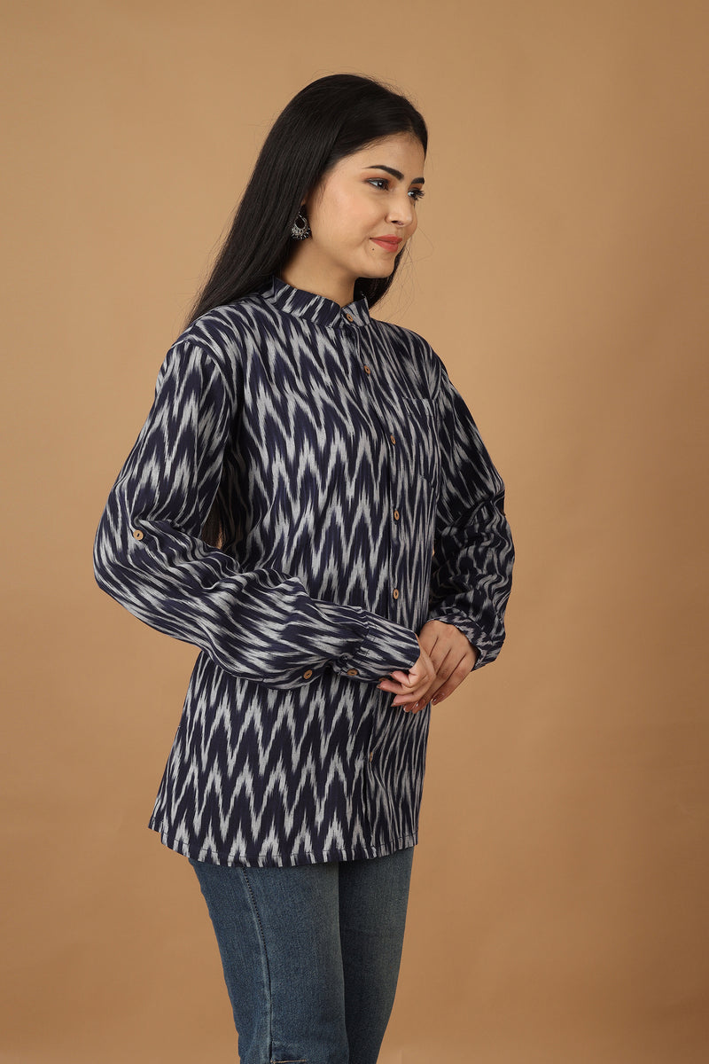 Tamaksh Women's Blue Cotton Handcrafted Handwoven Ikat Shirt