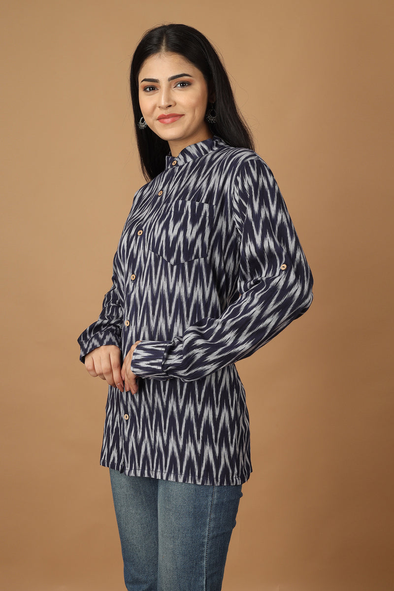 Tamaksh Women's Blue Cotton Handcrafted Handwoven Ikat Shirt