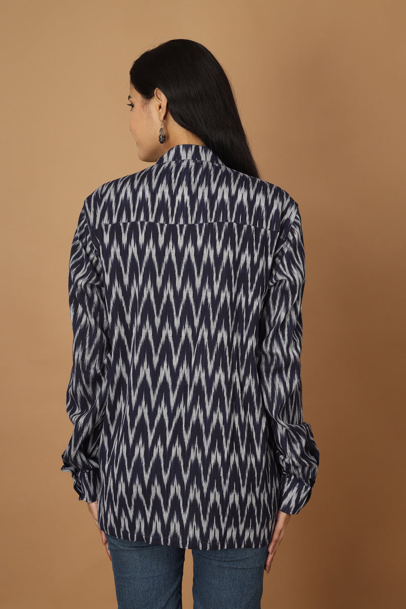 Tamaksh Women's Blue Cotton Handcrafted Handwoven Ikat Shirt