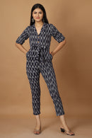 Tamaksh Women's Blue Cotton Handcrafted Handwoven Ikat Jumpsuit