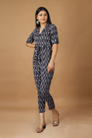 Tamaksh Women's Blue Cotton Handcrafted Handwoven Ikat Jumpsuit