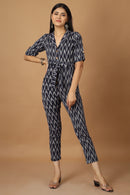 Tamaksh Women's Blue Cotton Handcrafted Handwoven Ikat Jumpsuit