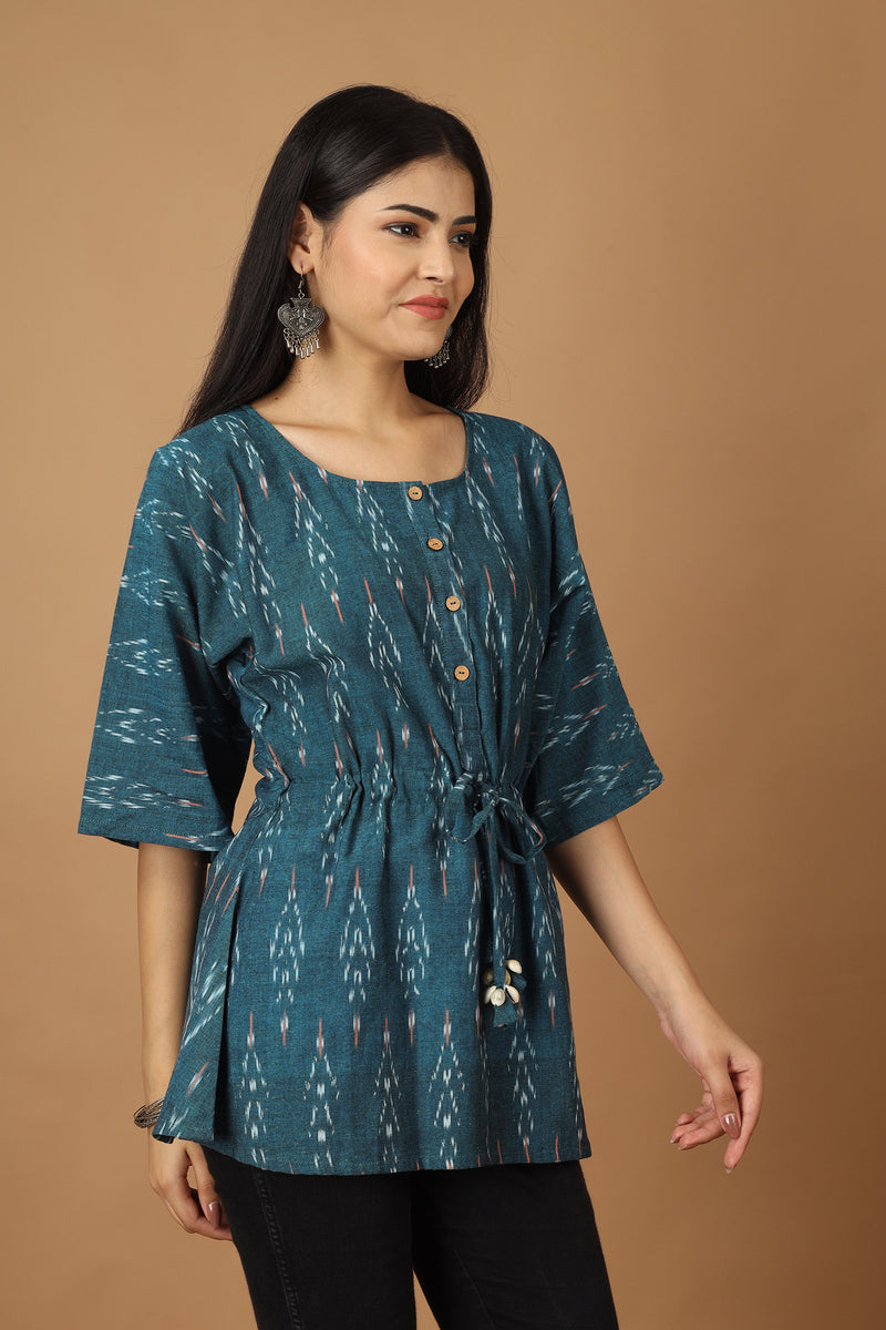 Tamaksh Women's Blue Cotton Handcrafted Handwoven Ikat Top