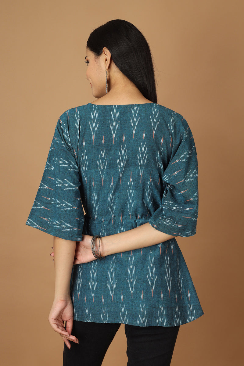 Tamaksh Women's Blue Cotton Handcrafted Handwoven Ikat Top