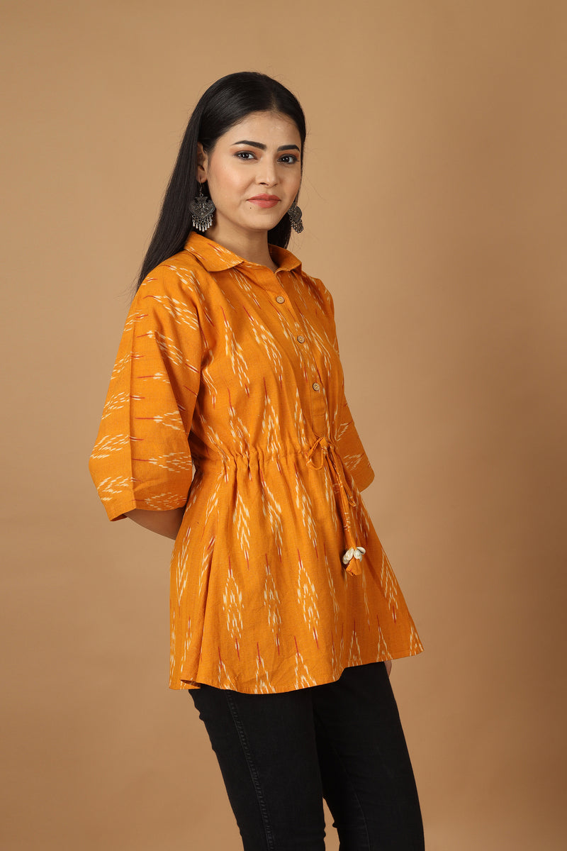 Tamaksh Women's Yellow Cotton Handcrafted Handwoven Ikat Kaftan Top