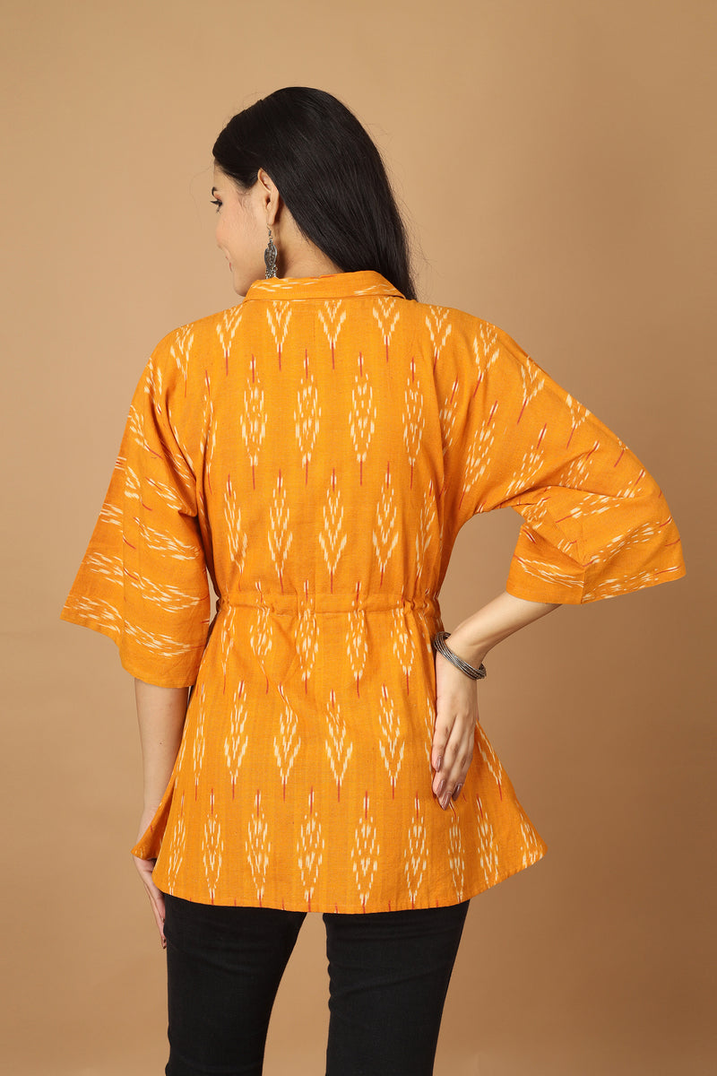 Tamaksh Women's Yellow Cotton Handcrafted Handwoven Ikat Kaftan Top