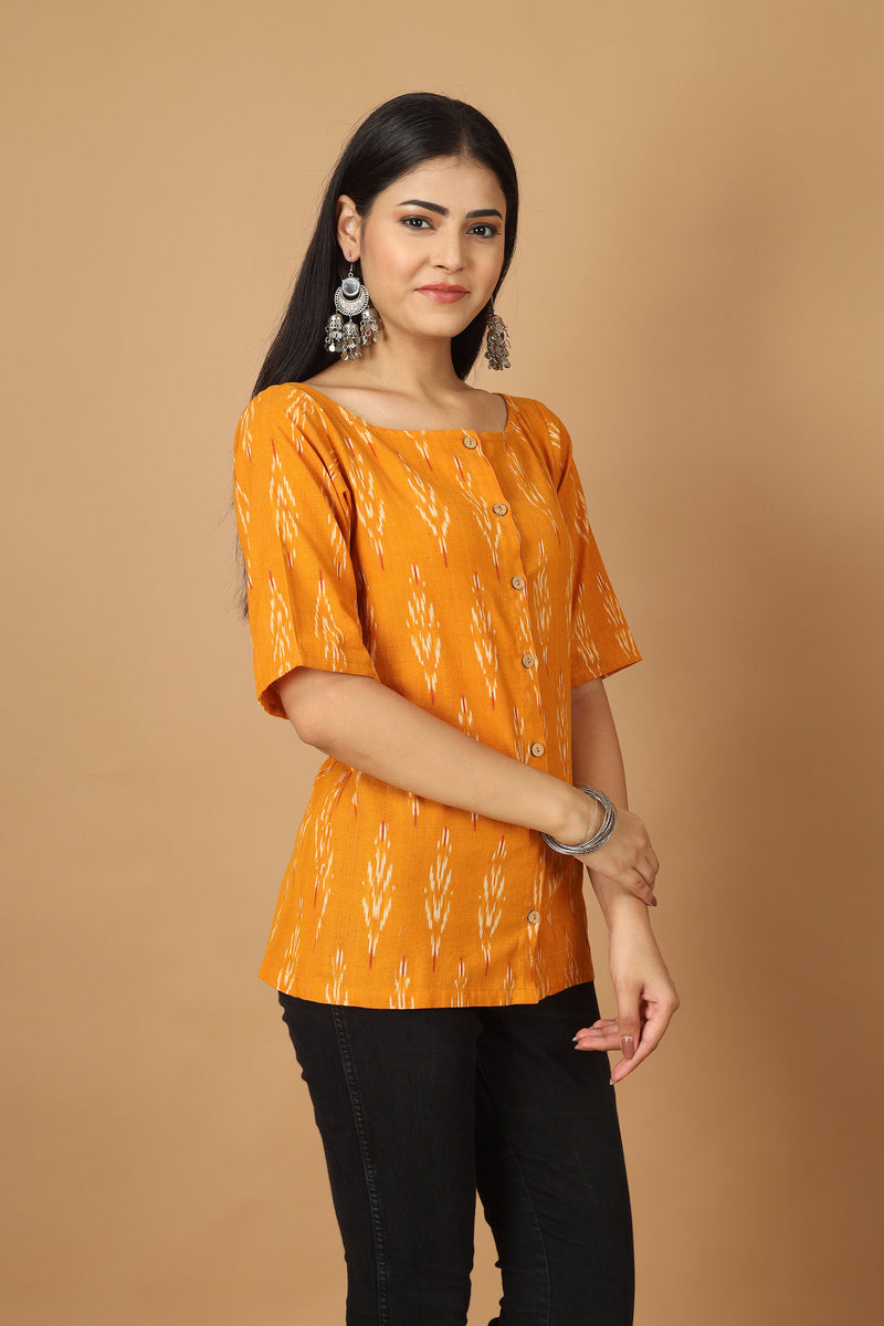 Tamaksh Women's Yellow Cotton Handcrafted Handwoven Ikat Top